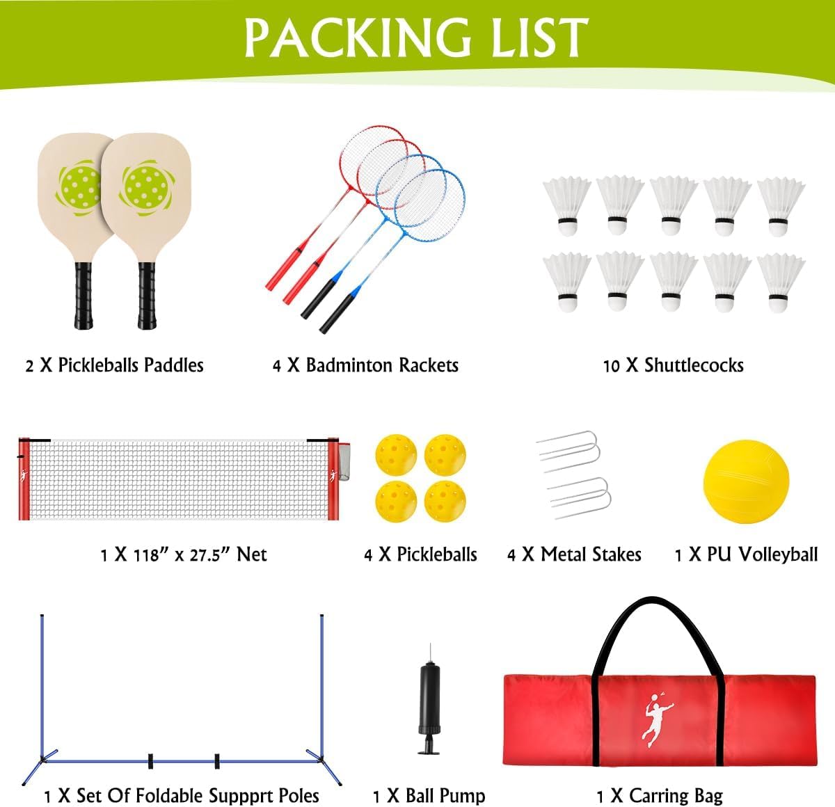 Redes de Badminton, Red Voleibol Portátil, Juego de Red Pickleball Altura Ajustable, Set Portátil para Tenis y Fútbol con Paletas de Raquetas Badminton, para Juegos en Interior y Exterior