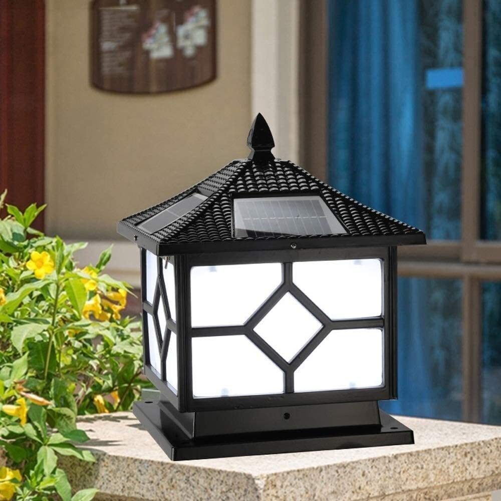Lampa ogrodowa wodoodporna zewnętrzna lampa filarowa chińska kwadratowa solarna lampa słupkowa LED na zewnątrz oświetlenie krajobrazu w stylu japońskim wodoodporne czarne aluminiowe ogrodzenie