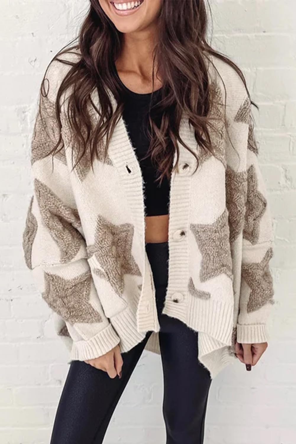 KevaMolly Womens Cardigan Sweater Sherpa Star Pattern Textured Sweater Cardigan with Pockets Casual Knit Coat