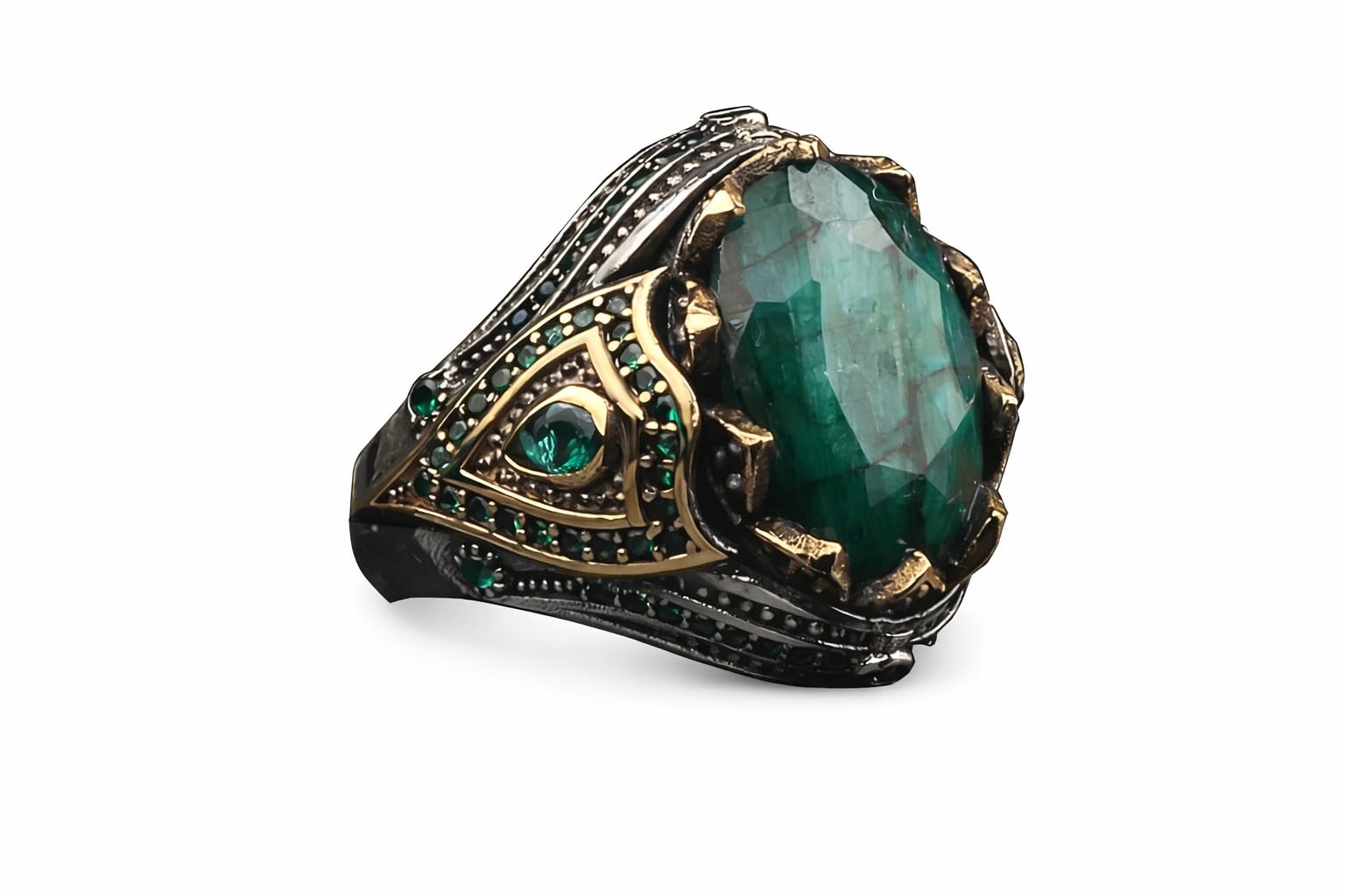 Emerald Stone Men Silver Ring, 925 Sterling Silver Emerald Gemstone Ring, Handmade Engraved Turkish Silver Ring with Natural Emerald Stone gifts for men handmade rings valentines day gifts for him