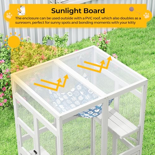 Image of Catio Outdoor Cat Enclosure - Premium Wooden Cat Catio with Window Access & Breathable Mesh, Weatherproof Kitty House for Patio /Backyard /Indoor (White)