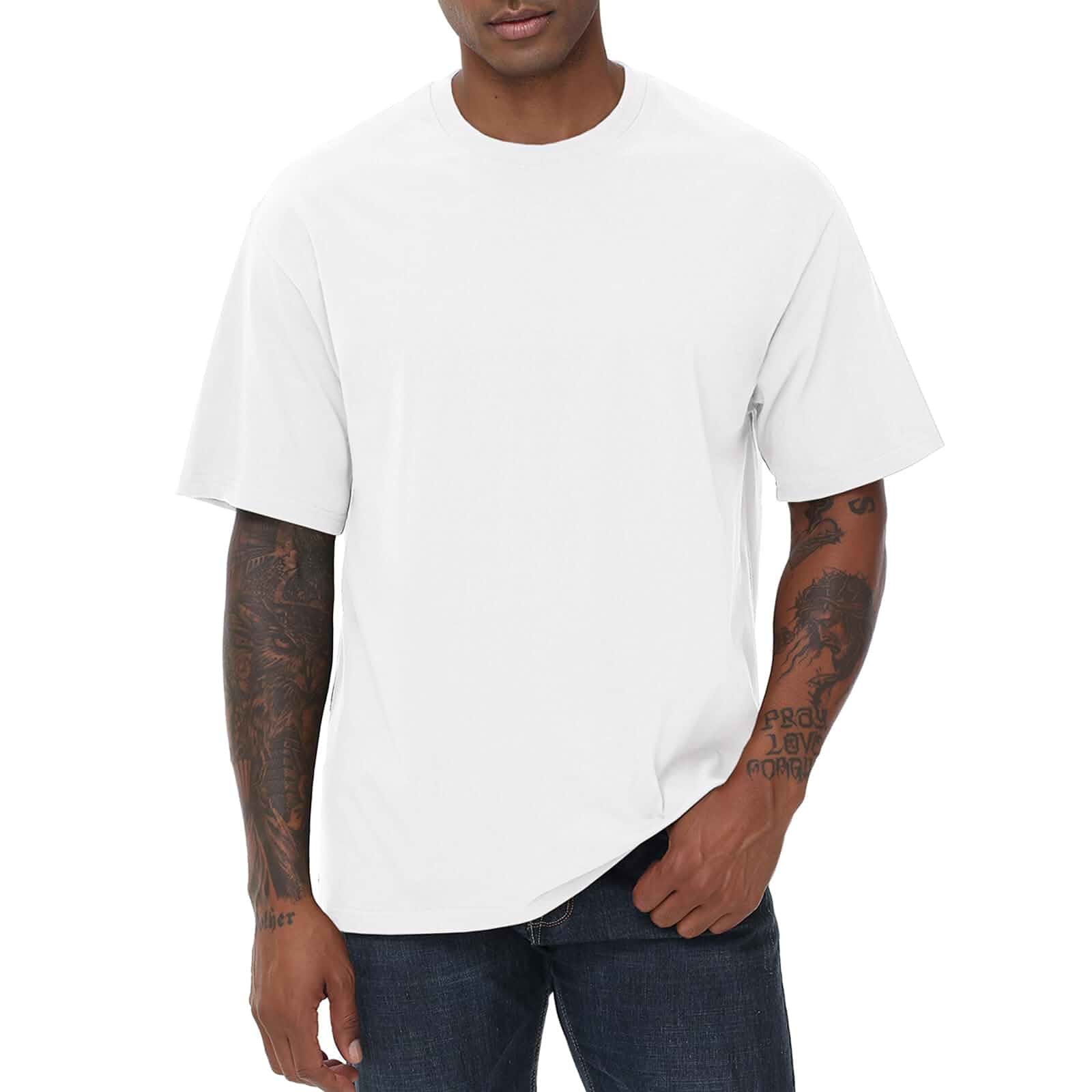 KEEPSHOWING Mens Oversized Short Sleeve T-Shirts Cotton Loose Fit Tees Crew Neck, Reinforced Collar, Soft Breathable Fabric, for Summer Casual, Streetwear, Workout, Gym, Home, Travel