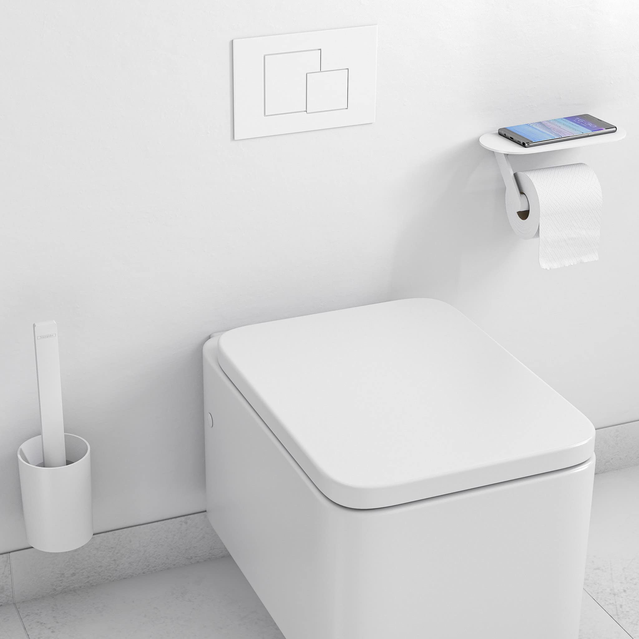 hansgrohe WallStoris - Ensemble d'accessoires pour les toilettes sans percage 2 pièces, Porte-papier WC, Porte-brosse WC, Accessoire salle de bain, Blanc mat, 27969700