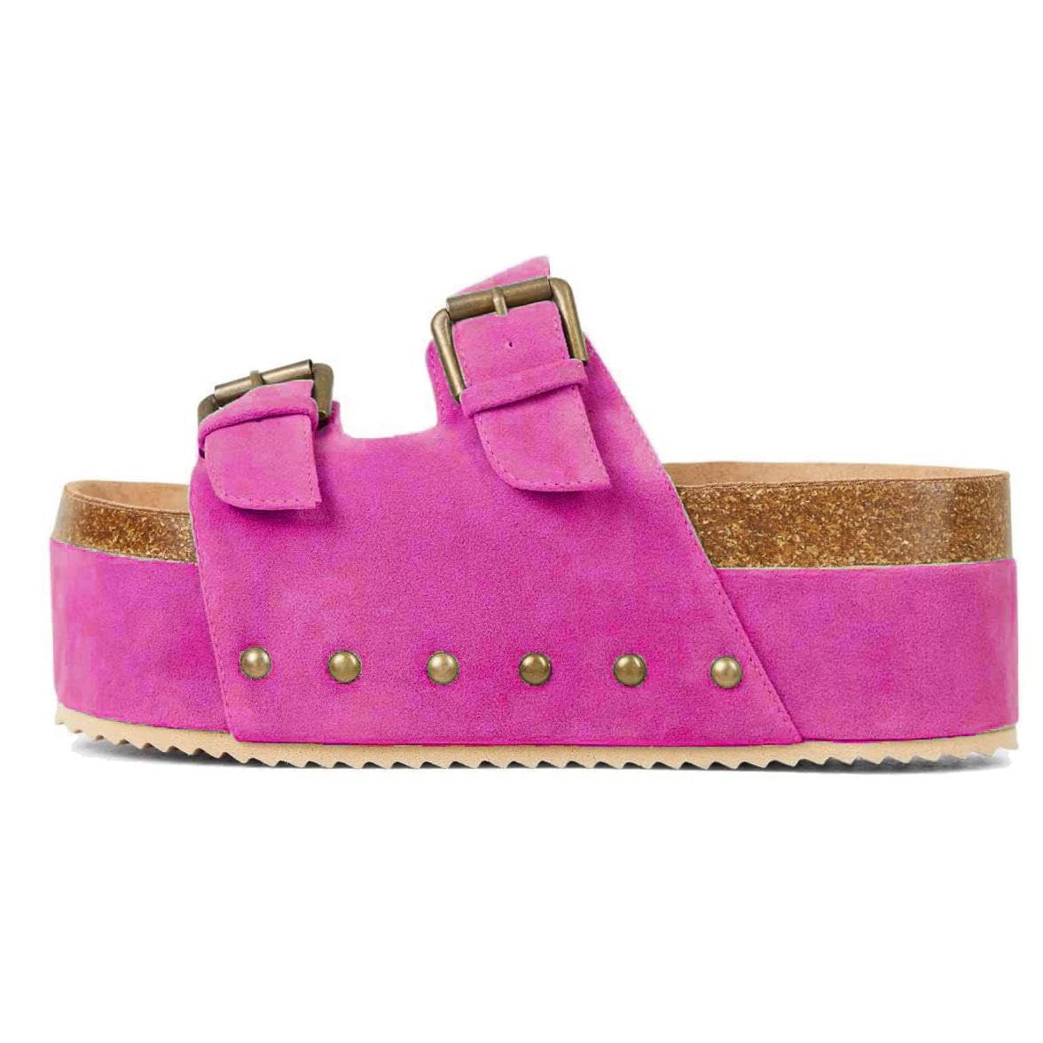 MICIFA Women's Cork Platform Sandals Suede Buckled Band Clogs Slip On Flatform Slides Shoes