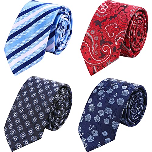 AUSKY 4 Packs Skinny Neckties for Men Boys, 2.35'' Wide Slim Ties in Different Textured Style Mixed set, 4 Packs G