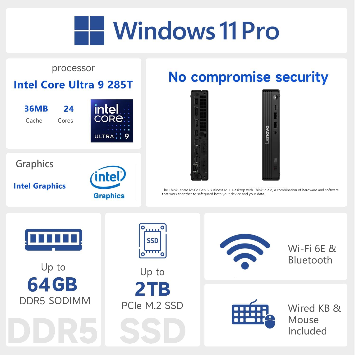 Lenovo ThinkCentre M90q Business Tiny Desktop, Intel 24-Core Ultra 9 285T vPro, AI Mini PC, 64GB DDR5, 2TB SSD, DP, HDMI, Support 3-Monitor 4K, Wired KB & Mouse, Wi-Fi 6E, Windows 11 Pro, w/Bundle