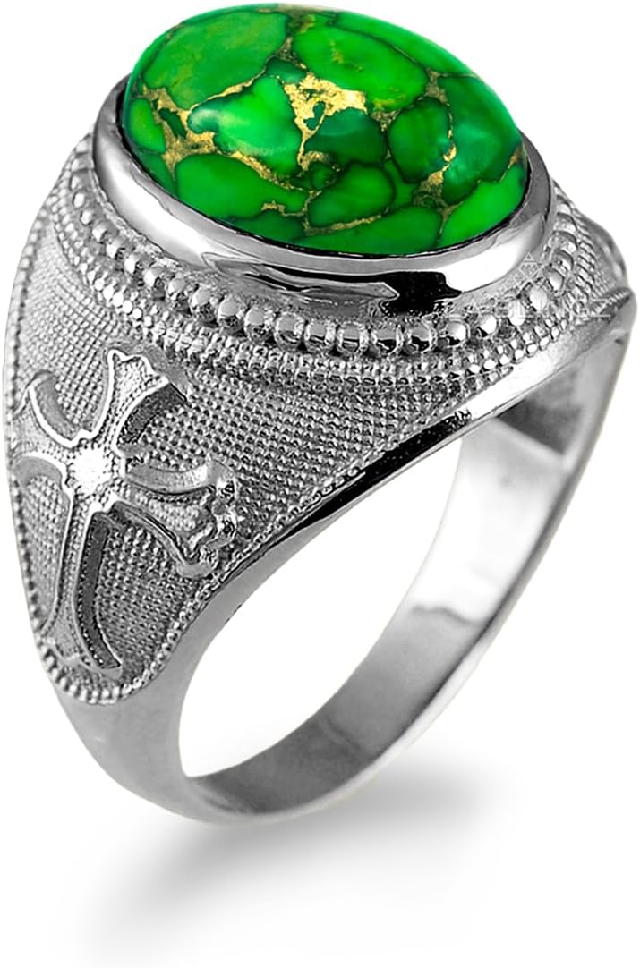 LA BLINGZ Sterling Silver Fleur De Lis Cross Oval Cabochon Customizable Gemstone Ring