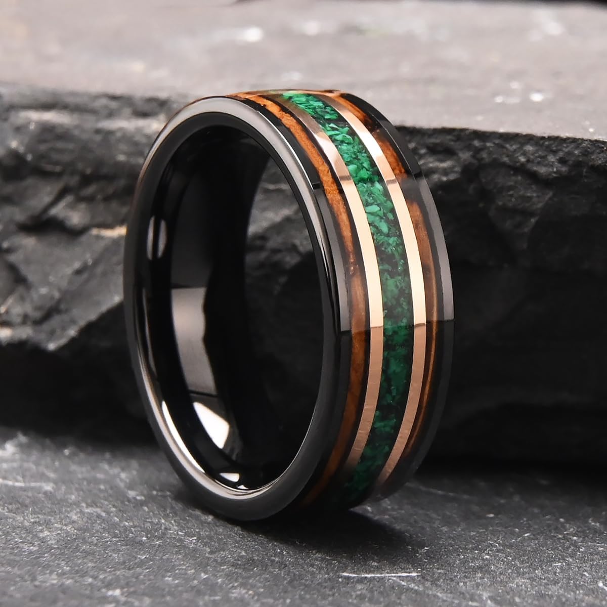 Tungsten Carbide Rings for Men Women 8mm Men's Engagement Wedding Bands Black Hammered Whiskey Barrel Wood Matte Brushed