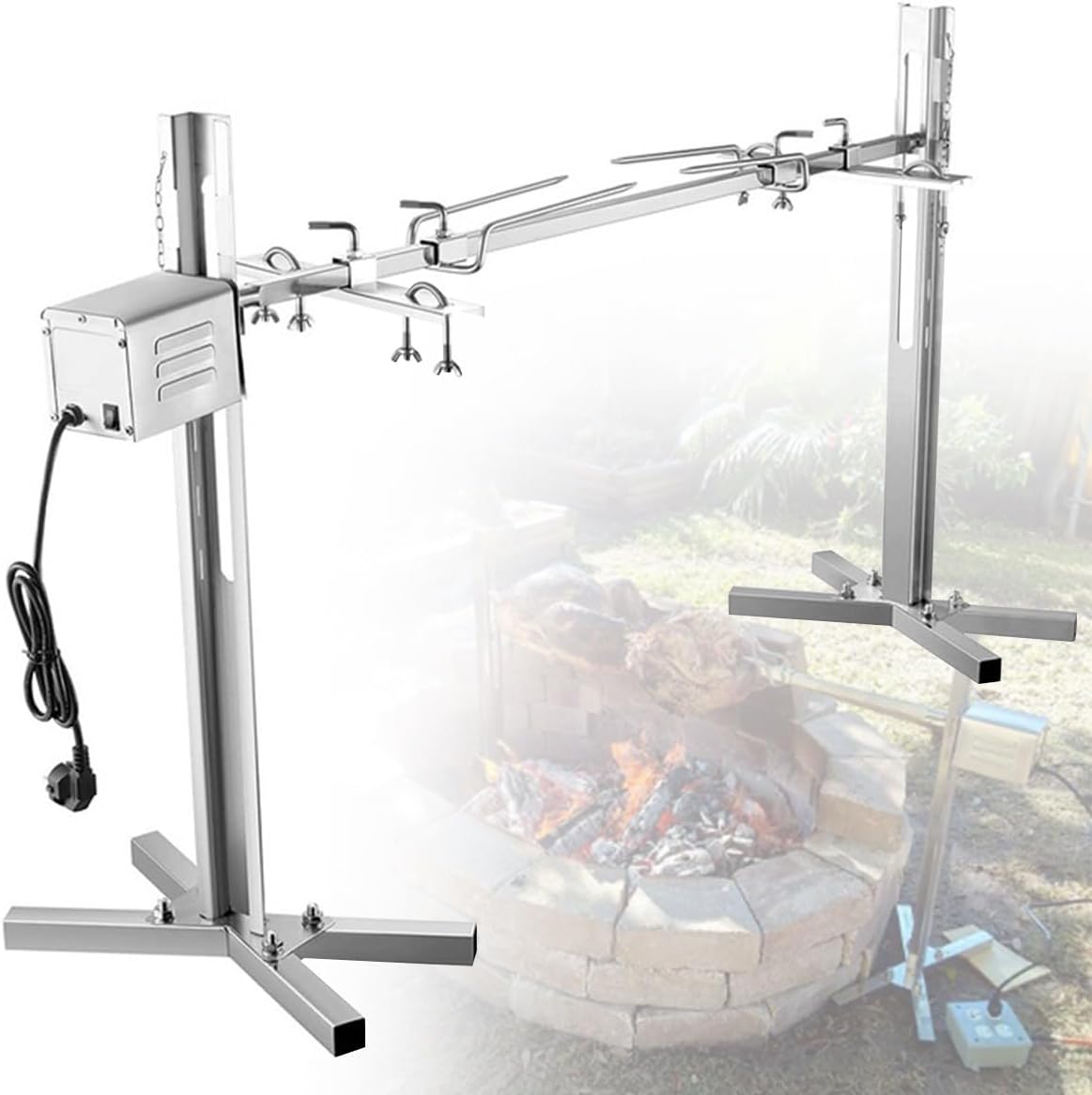 Electric Rotisserie Kit - 15W Stainless Steel Barbecue Set, Height Adjustable Outdoor Grill with High Torque Motor (50-70Kg) for Perfect Outdoor Cooking & BBQ Parties