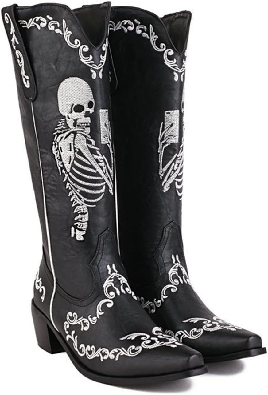 Women's Skull Embroidery Cowboy Boots, Vintage Point Toes Chunky Heels Mid Calf Boots Pull On Western Cosplay Booties