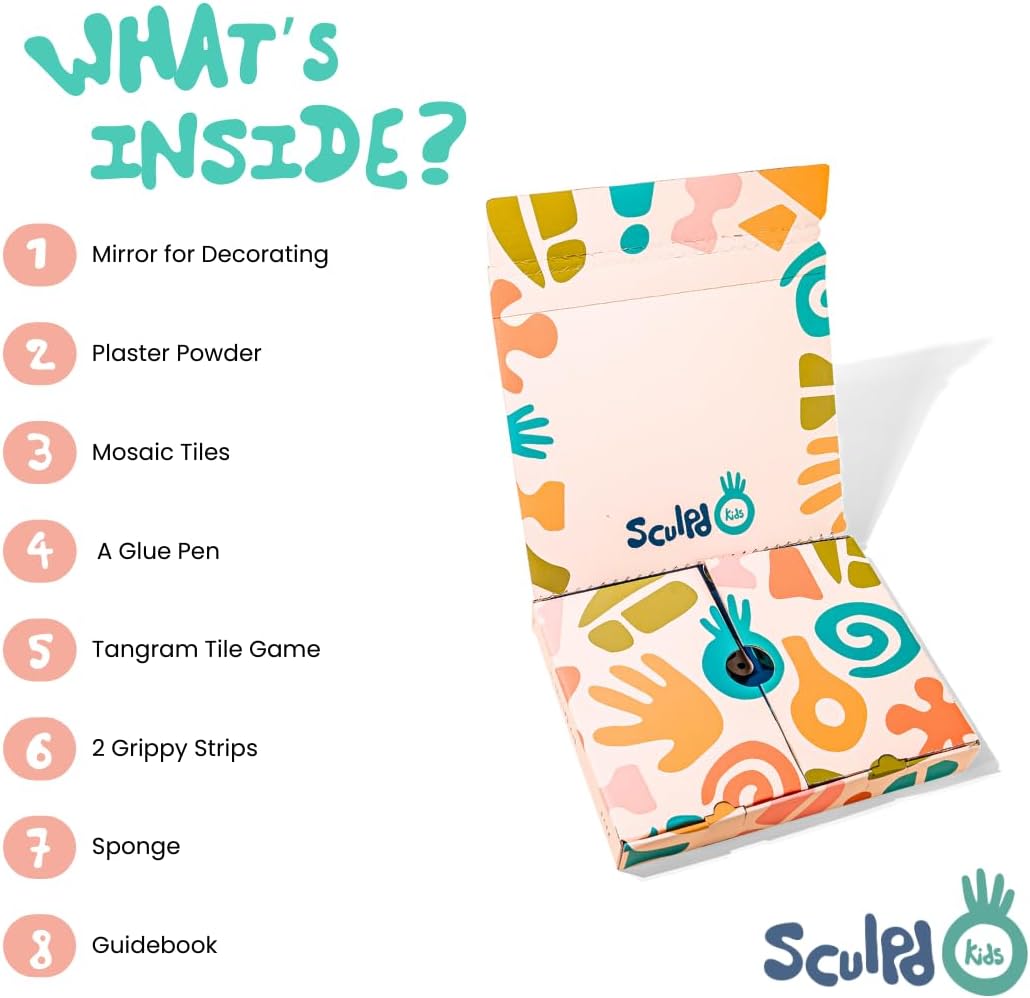 Sculpd Kids Mosaic Kit, Painting Craft Set for Kids Age 4-6, Pottery, Includes Mosaic Tiles, 1 Tangram Tile Game, 2 Bags of Plaster, Additional Crafting Supplies & 1 Mirror, Montessori Education