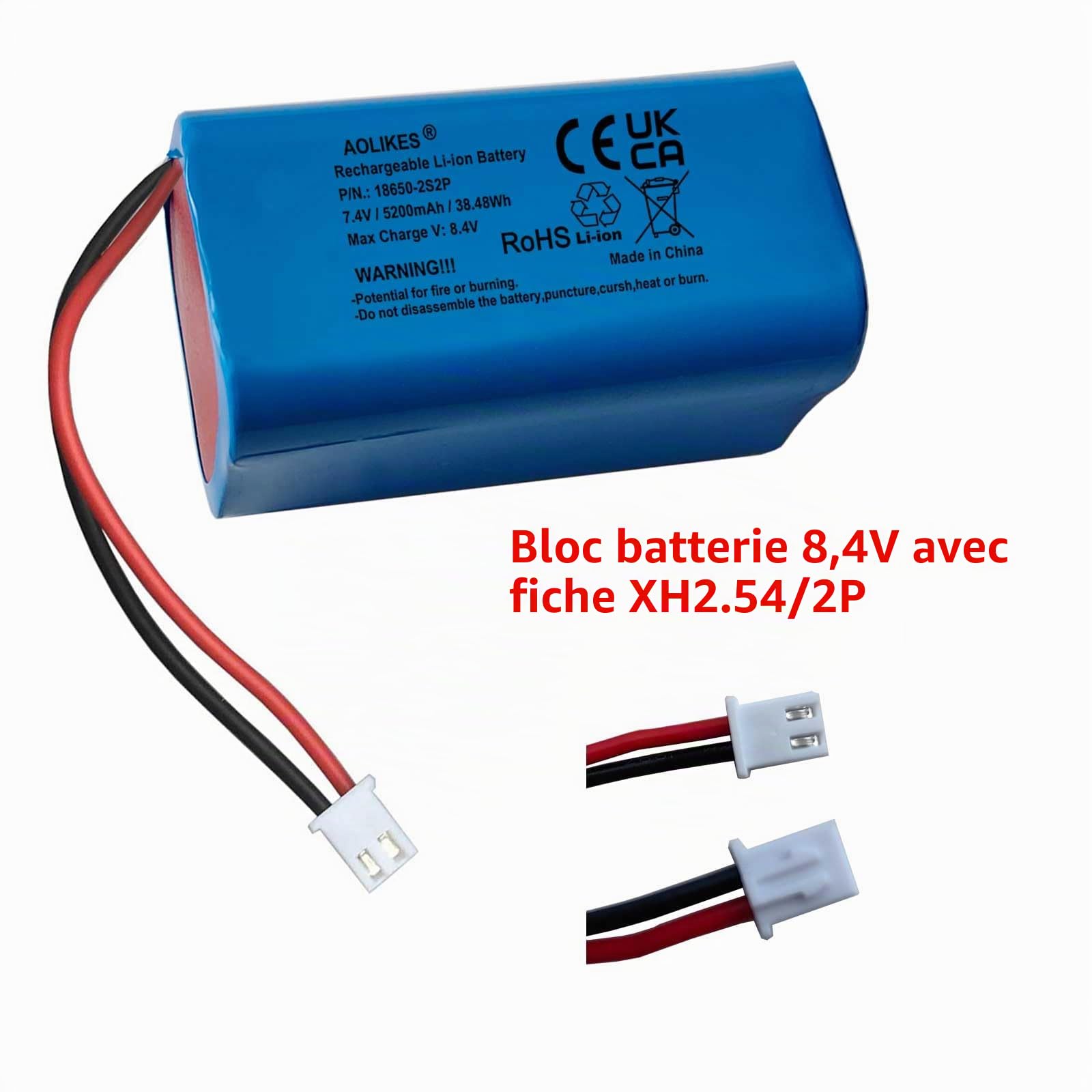 Batterie lithium-ion rechargeable 7,4 V 5200 mAh avec connecteurs XH2.54/2P, batteries 18650, batterie Li-ion 2S2P, prend en charge la décharge continue 3C