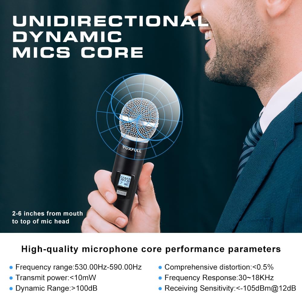 Wireless Microphone System Dual Wireless Mics, 2 Handheld Dynamic Microphones, Adjustable UHF Channels, 164ft Range,Wireless Microphones for Karaoke(GLXD4)