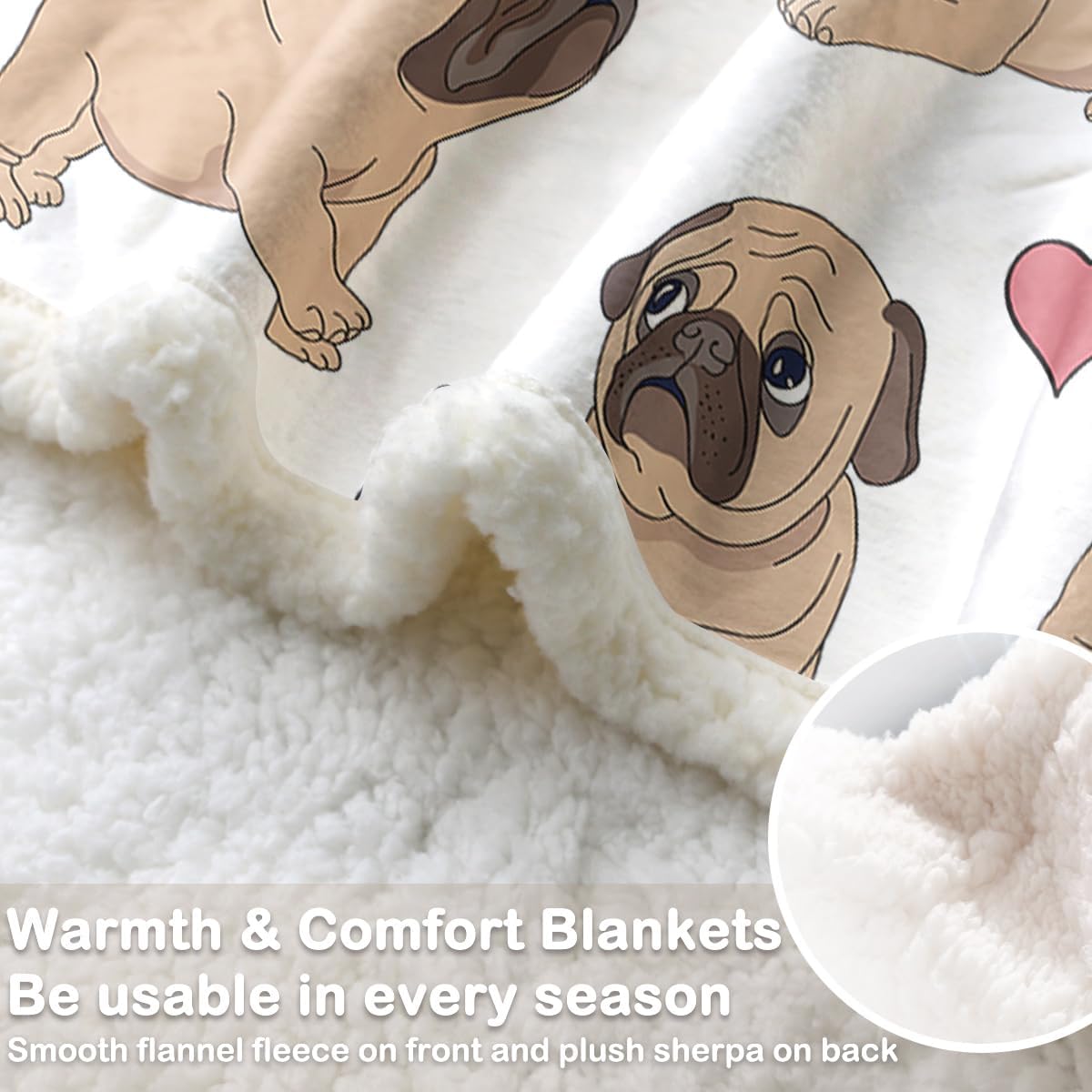 Sleepwish Pug Fleece Throw Blanket for Kids Adults Soft Fuzzy Cute Dog Sherpa Plush Blanket for Couch Bed, Throw(50"x 60")
