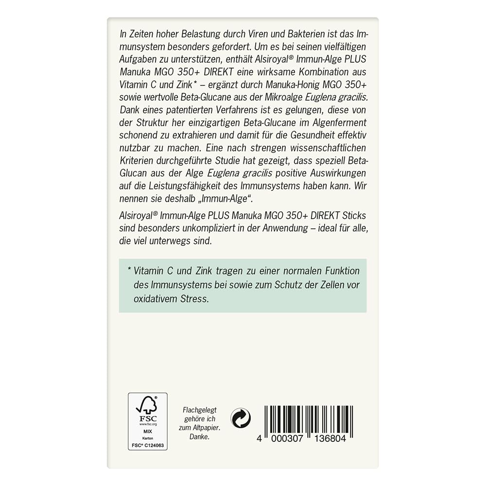 Alsiroyal Immun-Alge PLUS Manuka MGO 350+ DIREKT (40 Sticks) - Nahrungsergänzung mit Beta-Glucan aus Euglena gracilis, Vitamin C & Zink - Praktische Direkt-Sticks für unterwegs