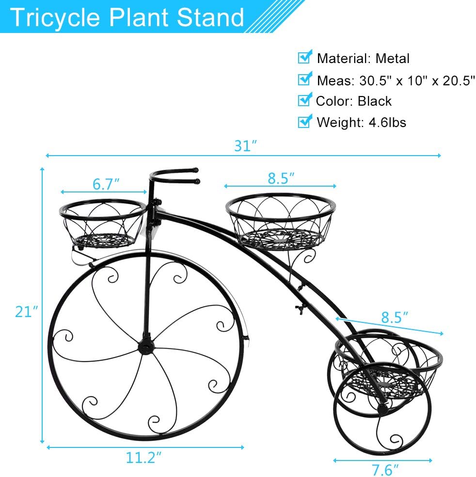 VINGLI Tricycle Plant Stand, Flower Pot Cart Holder Patio Stand Holder Outdoor Displaying Plants Flowers (Black)
