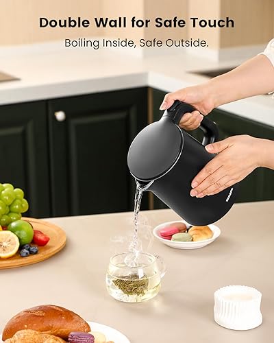 Miniatura 3 de Hervidor eléctrico pequeño para té y café, caldera de agua caliente de acero inoxidable de doble pared de 0.8L (27 onzas), calentador de agua de