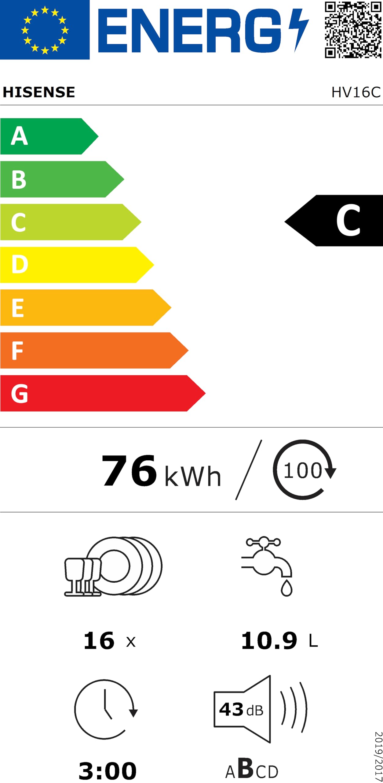 Hisense HV16C - Lavastoviglie Classe C, 16 coperti, terzo cesto, 43db, 6 programmi, partenza ritardata, total dry, incasso