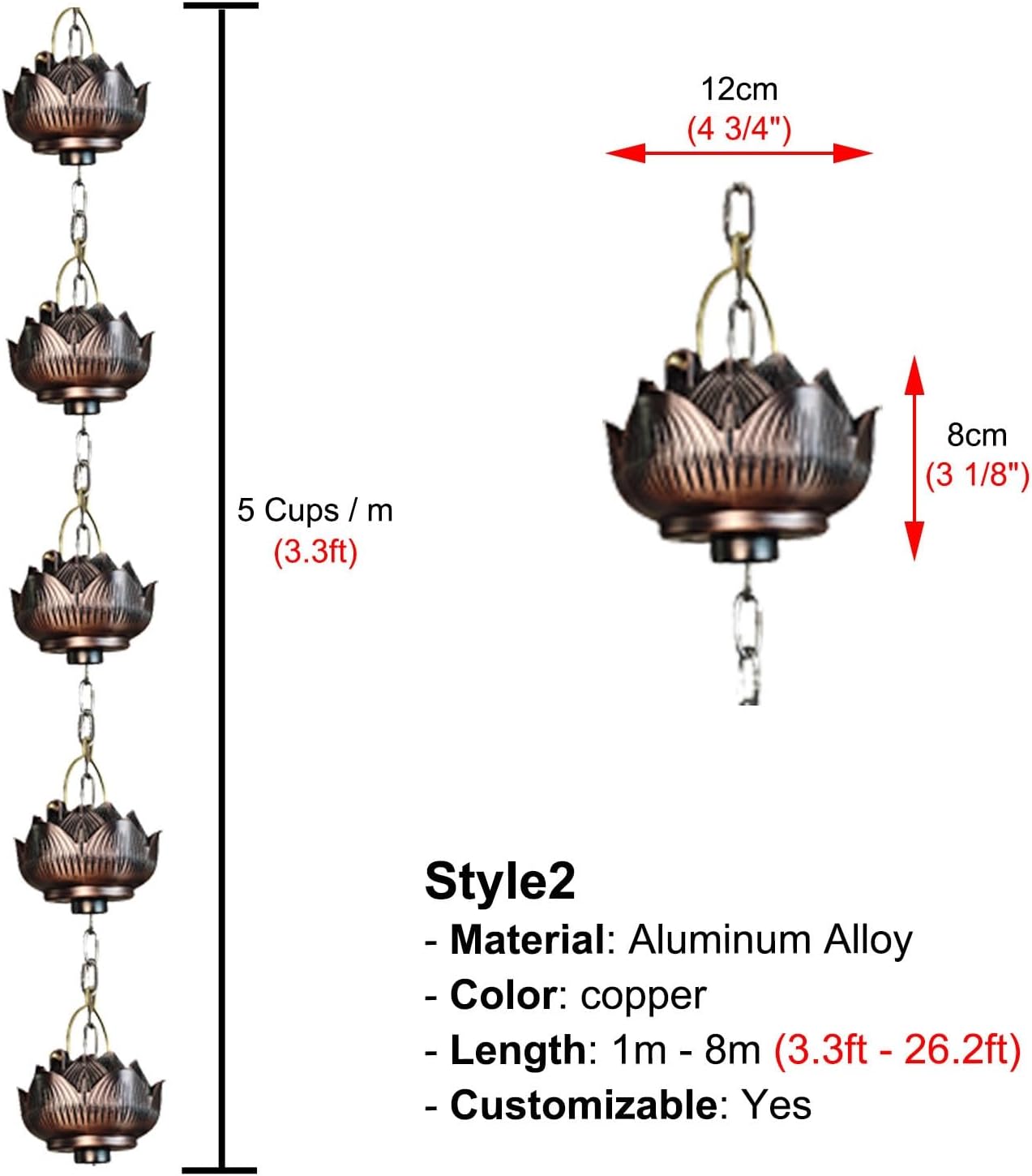 Copper Plated Rain Catcher Rain Chain, Cascading Hanging Rain Gutter Chains for Gutter, Adjustable Rain Chains Waterfall Water Catcher(Style2,300cm (9.8ft))