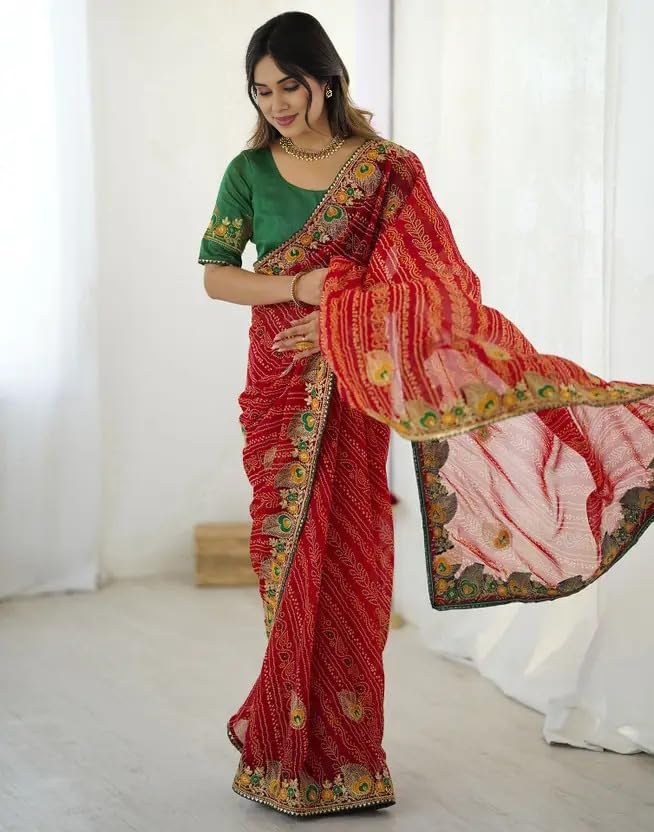 Image of Women's Georgette Bandhani Printed Embroidery Saree with Unstitched Blouse Piece