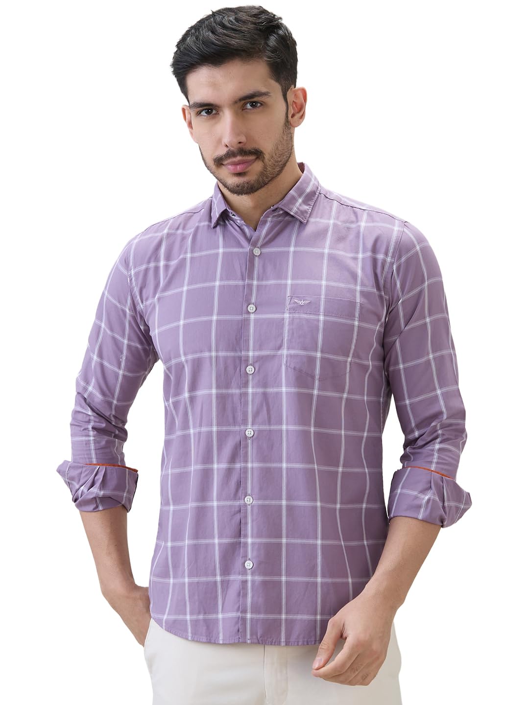 Men Slim Fit Checks Pattern Pure Cotton Semi Cutaway Collar Full Sleeve Casual Shirt-image-48