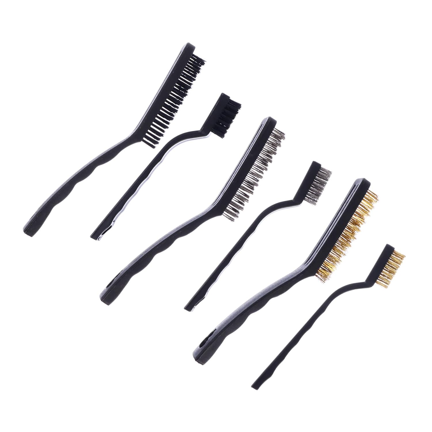 Wire Scratch Brush Set 6 Pieces Curved Handle for Rust Cleaning | Stainless Steel, Copper, Nylon Wires, Comfortable Grip, Store Easily, for Steel Parts and Unfinished Metal