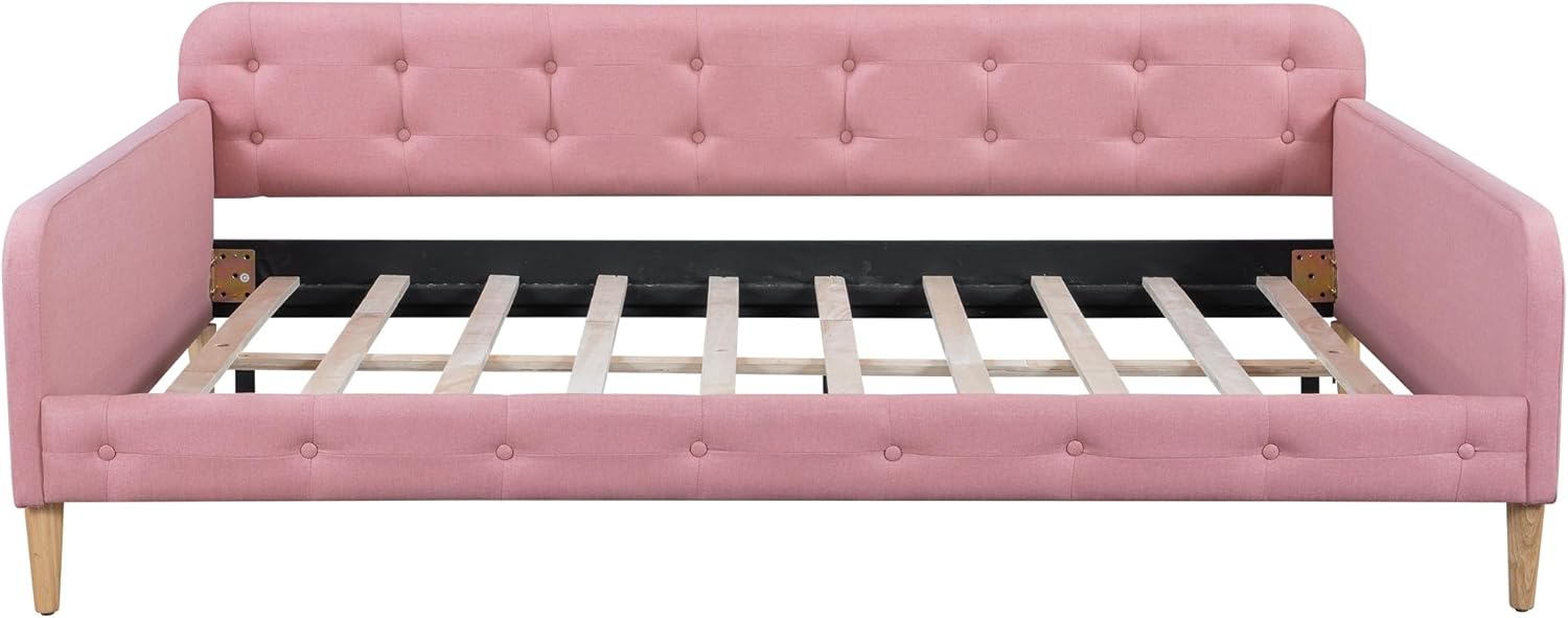 Queen Upholstered Daybed with Wooden Legs & Support Slats, No Box Spring Needed, Sturdy MDF & Pine Frame, Multi-Functional Sofa Bed (Pink, Queen)