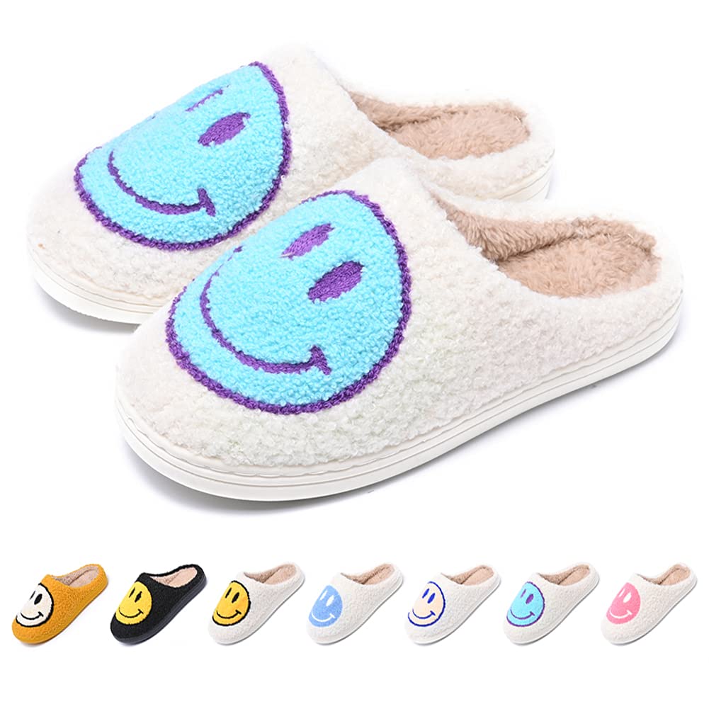 AIMINUOWomen's Men's Retro Preppy Happy Face Slippers Comfy Warm Plush Slip-On House Slipper for Winter Indoor Soft Cushion Non-slip Fluffy Slides Slippers