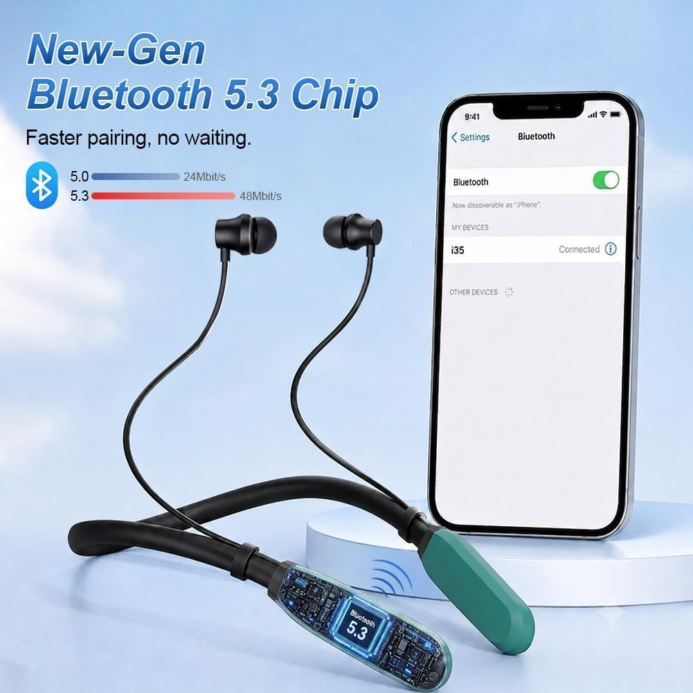 Auriculares Deportivos con Banda para el Cuello 200H de Reproducción, Auriculares Inalámbricos Neckband Bluetooth 5.3, Auriculares in-Ear Inalámbricos IPX6, Magnéticos para Correr, Gimnasio, Trabajo