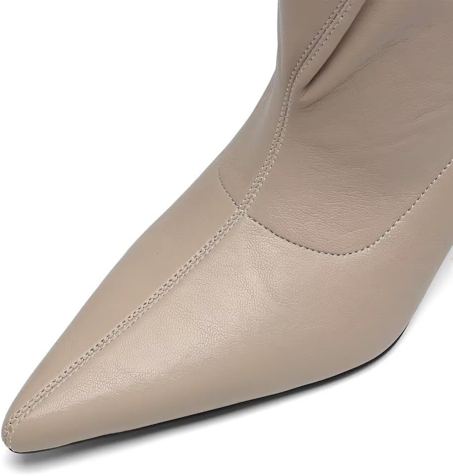 Mid Calf Boots for Women with Kitten Heel - Pointed Toe Wide Calf Slip On Boots, Metal Buckle Kitten Heels Boots for Women, Stylish Pointy Boots for Women for Autumn Winter