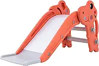 Escorregador Infantil Dobrável Dino Freso com Escada Antiderrapante, 2 Degraus, Cesta de Basquete e Bola, Brinquedo Seguro, Compacto e Resistente, Fácil de Montar, Para Crianças de 2 a 4 Anos (Marrom)