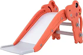 Escorregador Infantil Dobrável Dino Freso com Escada Antiderrapante, 2 Degraus, Cesta de Basquete e Bola, Brinquedo Seguro, Compacto e Resistente, Fácil de Montar, Para Crianças de 2 a 4 Anos (Marrom)