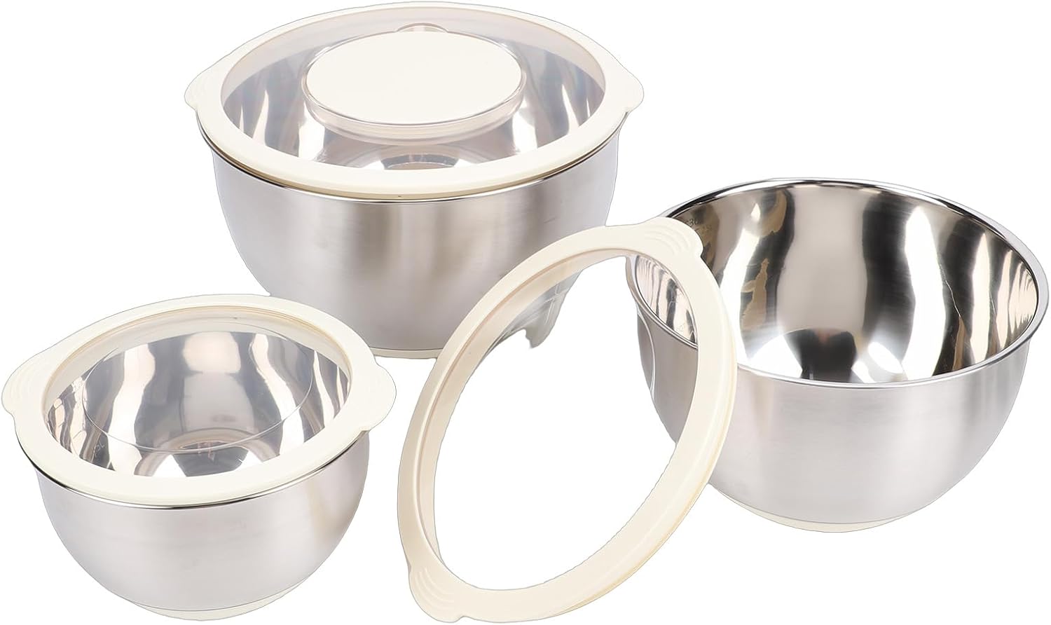 Stainless Steel Mixing Bowls Set, 3 Sizes 1.5QT 3QT 5QT with Non Slip Silicone Base and Sealing Lids, Includes 3 Grater Attachments for Food Prep Serving (Beige)