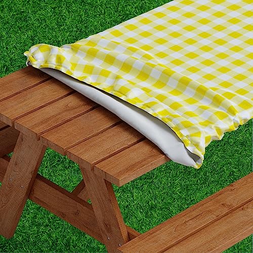 Sorfey Picnic Tablecover -Fitted with Elastic, Vinyl with Flannel Back, Fits for Table 60"x 30" Rectangle,Water Proof, Easy to Clean, Checked Yellow Design