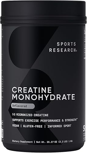 Sports Research Monohidrato de creatina - Gana músculo magro, mejora el rendimiento y la fuerza y apoya la recuperación del entrenamiento - 0.18 oz