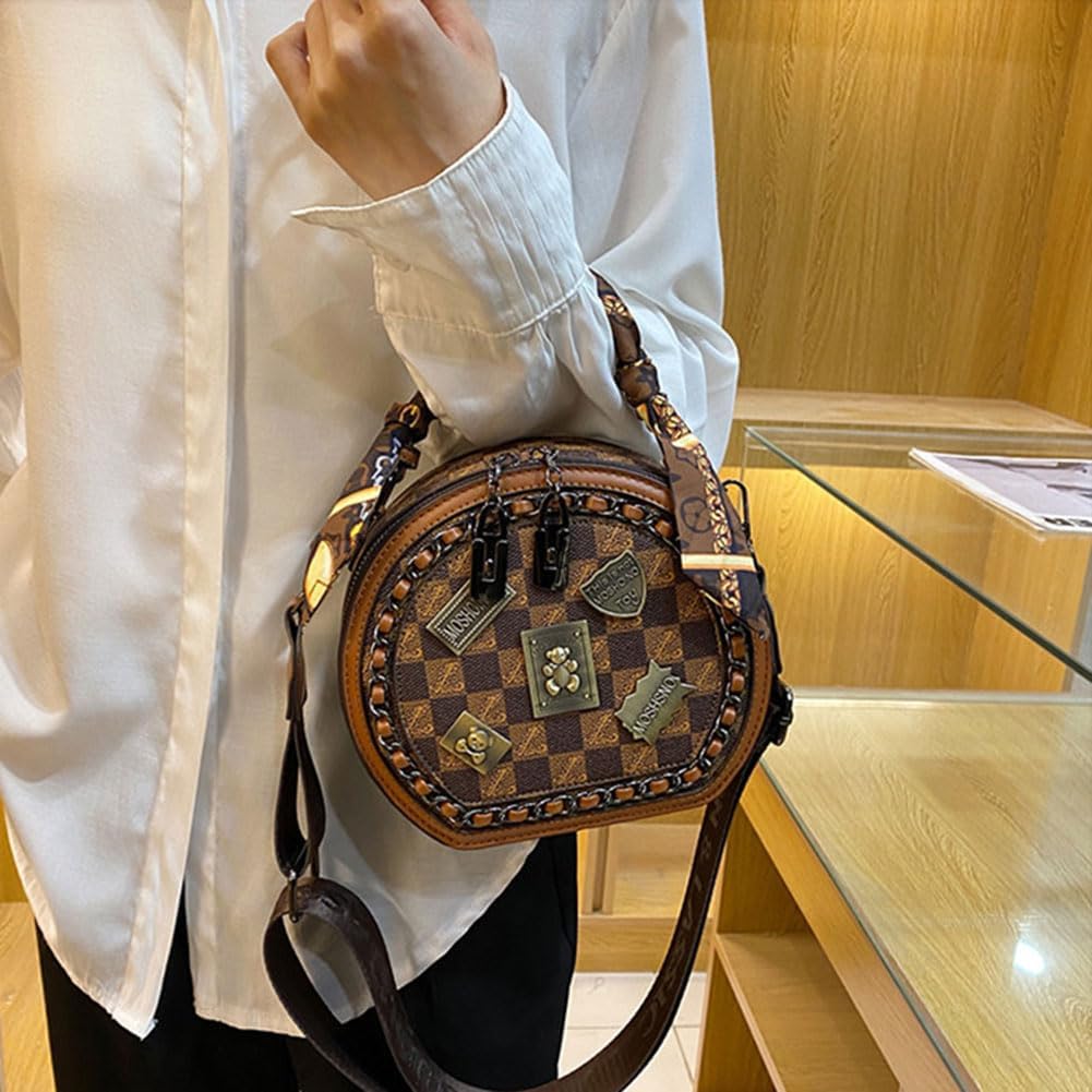 Vintage Women's Bag, Round Crossbody Bag, One Shoulder Crossbody Circle Tote, Large Capacity Daily Purse Handbag for Women Girls (Brown) - Image 8