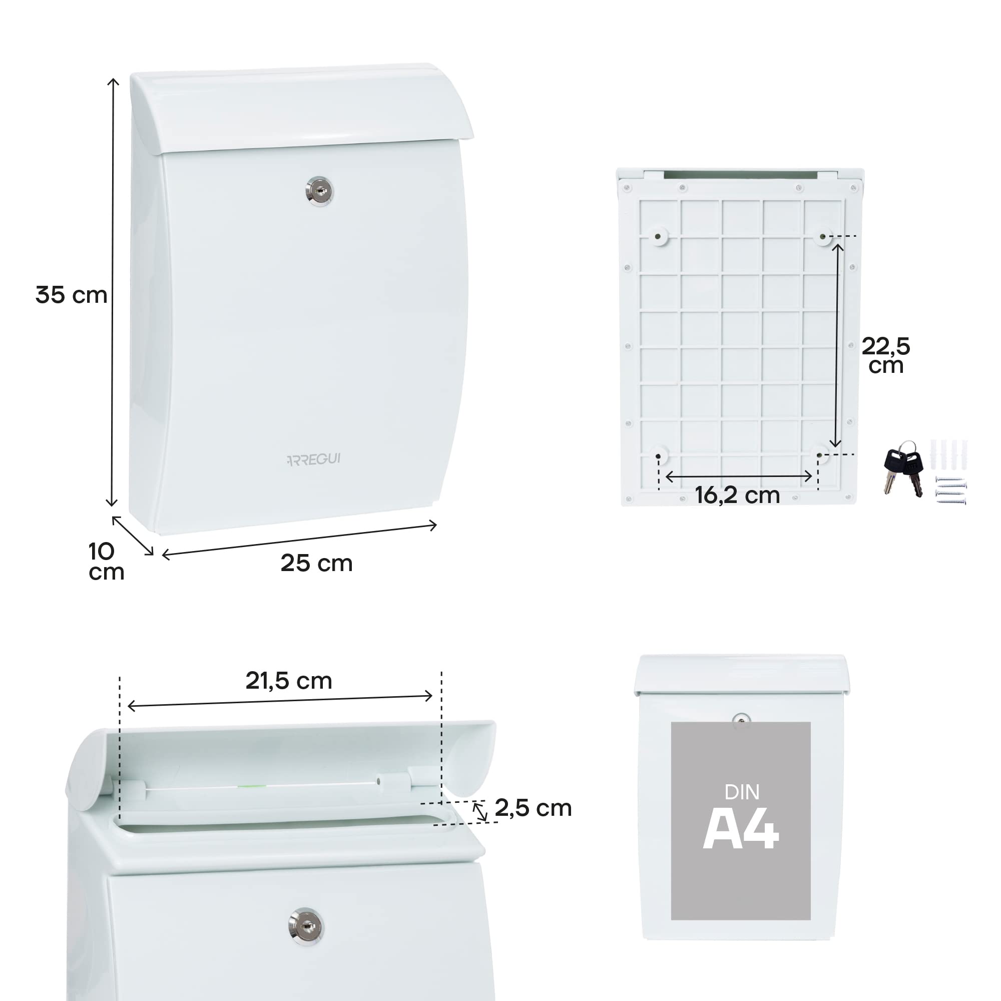 ARREGUI Mininova E5331 Boîte aux lettres en plastique robuste, Taille M (courrier format A4 et magazine), Boîte aux Lettres Murale, Anti-pluie, Anticorrosion, Facile à Installer, Blanc