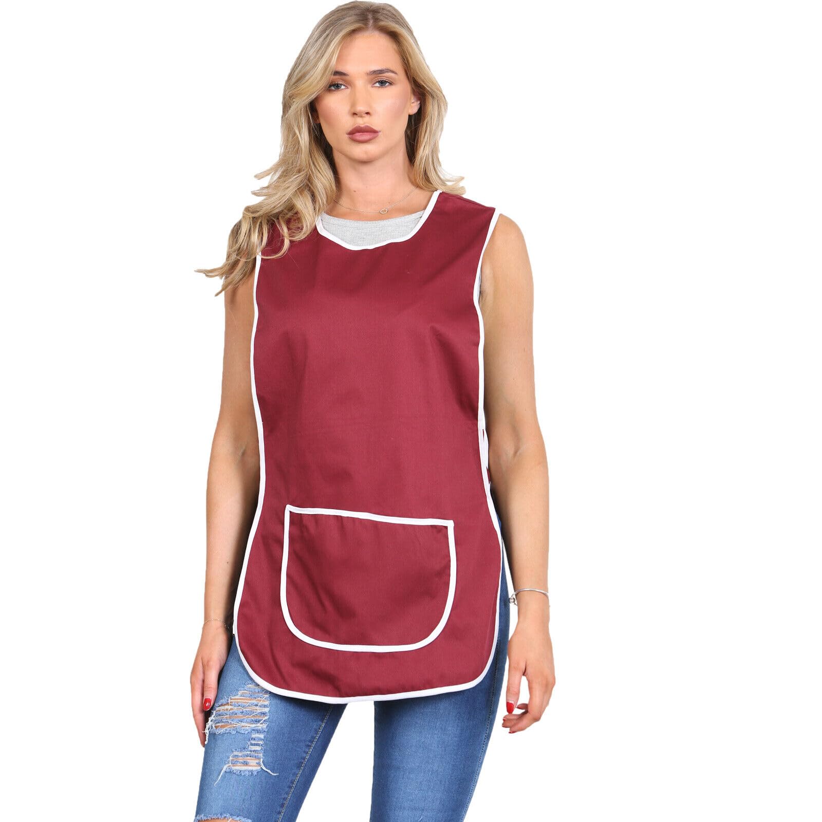 MyShoeStore Women's Polycotton Tabard Apron with Large Centre Pocket, Work Uniform for Kitchen Catering Cleaning, White Piping Edge (Wine, XXXOS)