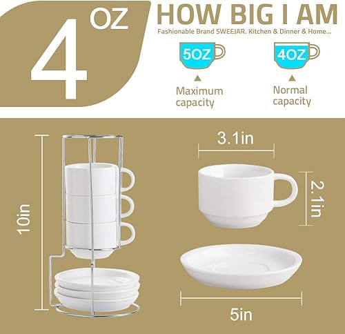 Miniatura 7 de Sweejar - Tazas de café de porcelana con platillos, tazas de capuchino apilables de 4 onzas con soporte de metal para bebidas de café, café con