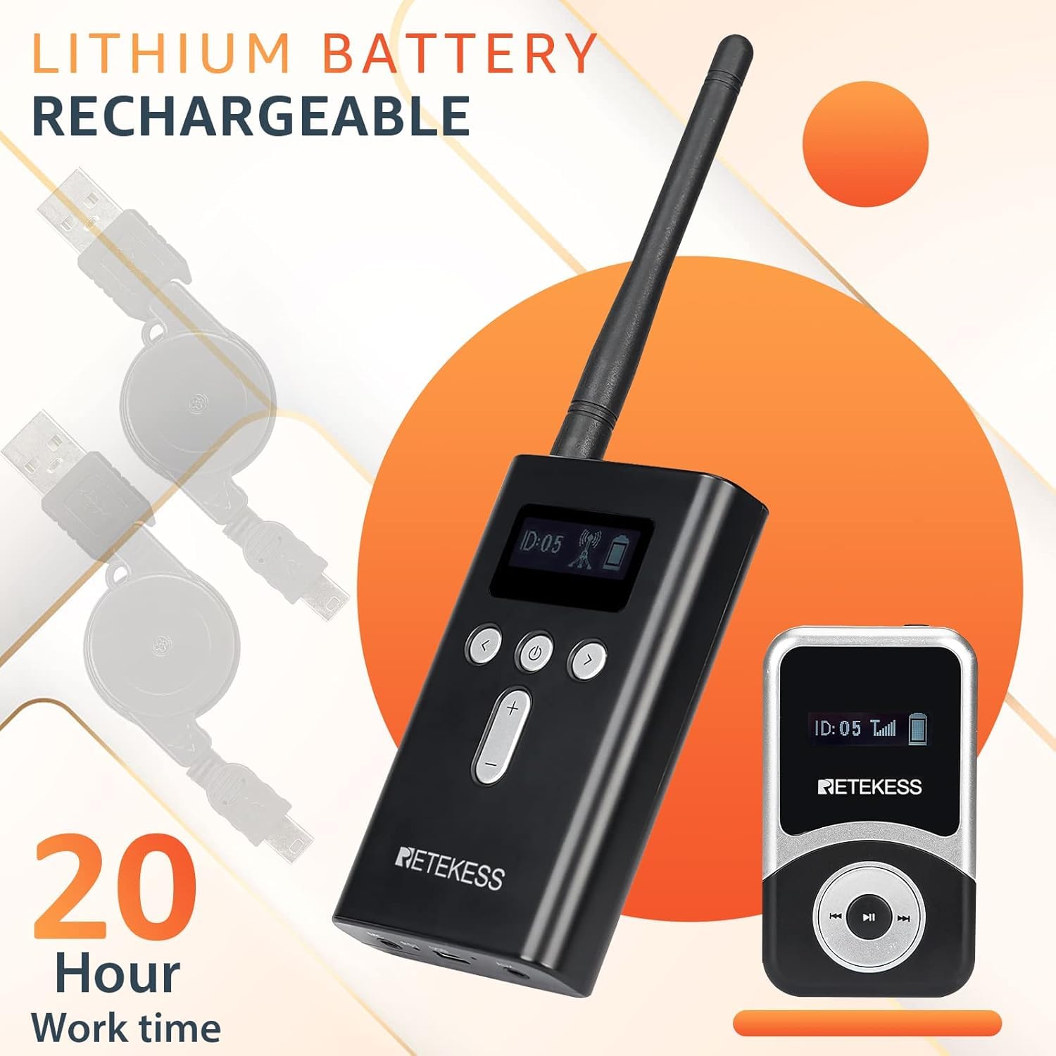 Retekess T130S (T130 2rd) Wireless Tour Guide System, Sistema di Guida Turistica, 100M, Operazione con un Clic, con Scatola di Ricarica da 64 slot, Fabbrica