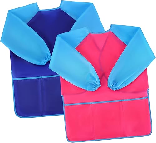 2 delantales de artista de manga larga con babero elástico reutilizable para pintura para años bolsillo frontal para un fácil acceso para proyectos