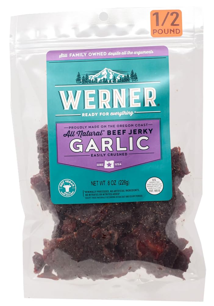 Werner Beef Jerky All Natural Meat Snack Half Pounder – High Protein Snack, Gluten-Free, No Artificial Ingredients, No Added MSG (8 Ounce) (Garlic)