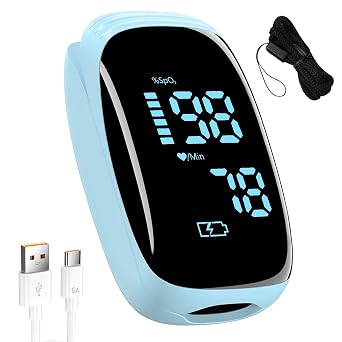 Fingertip Pulse Oximeter, Portable Rechargeable Oximeter Instant SpO2 & Accurate Heart Rate Reading for Adults, Includes Protective Silicone Cover Blue
