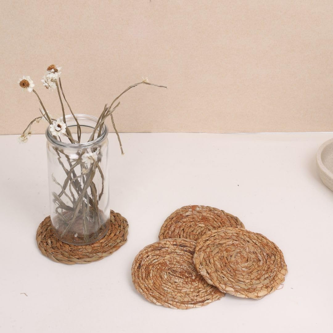 DENOVA Natural Seagrass Coasters Handwoven Round Coasters for Table Protection, Rustic Eco-Friendly Coaster Set for Home, Kitchen, Coffee Table & Dining Pack of 4 1