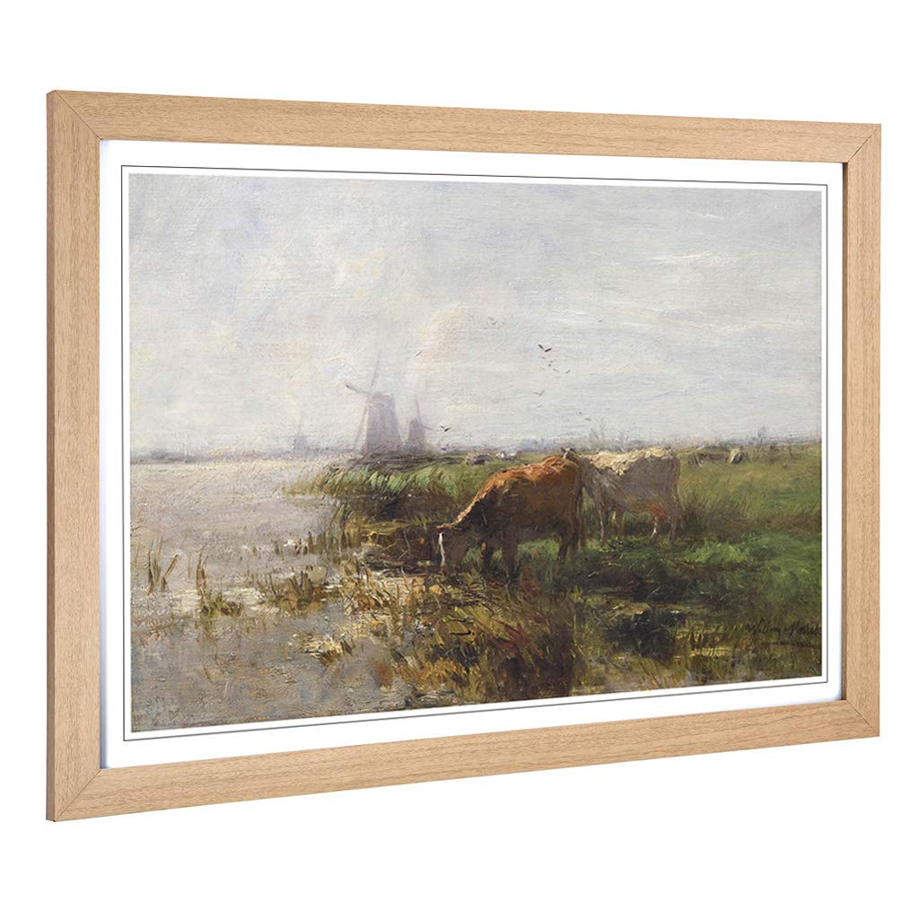 Big Box Art Framed Print of Willem Maris Cows by Water 2 Design | Wall Art Picture | Home Decor for Kitchen, Living, Dining Room, Bedroom, Hallway, Office, Oak, A2 / 24.5x18 Inch / 62x45cm