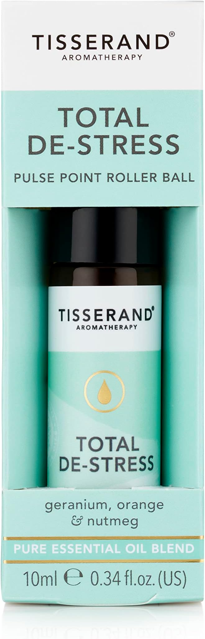 Tisserand Aromatherapy | Total De-Stress | Geranium Pulse Point Aromatherapy Rollerball with Nutmeg & Orange | 100% Pure Essential Oil Blend | 0.34 Fl Oz