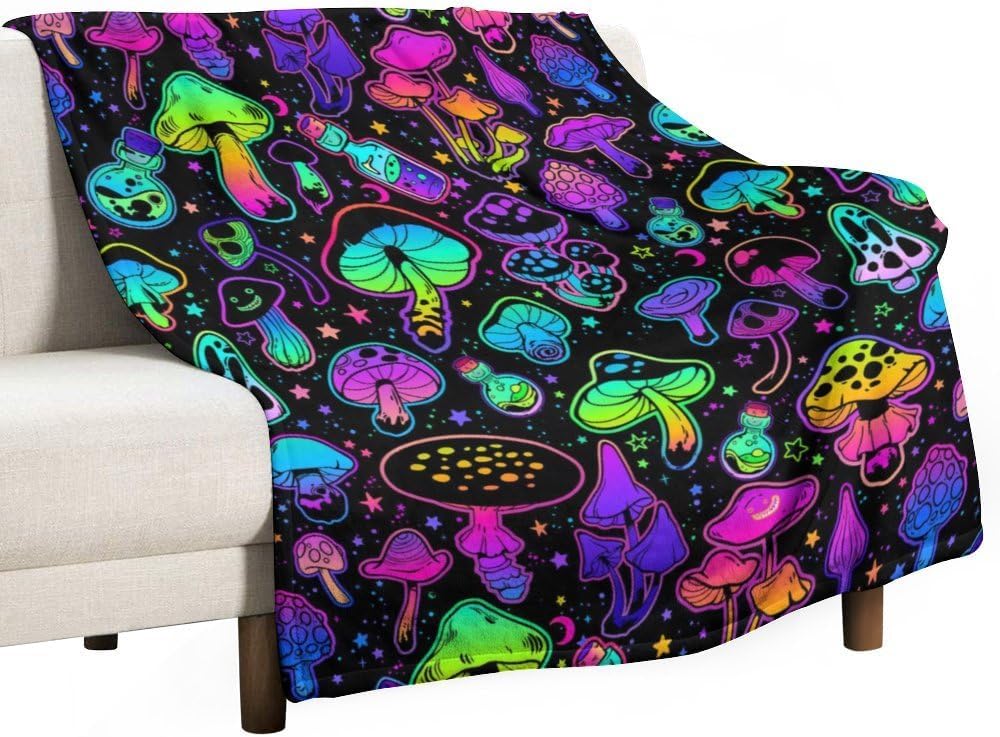 Liliha Colorful Mushrooms Blanket Enlarged Plush Throw, 50"x40" Rainbow Kawaii Fungus Flannel for Sofa Couch Bedroom Decor All Season - Image 2