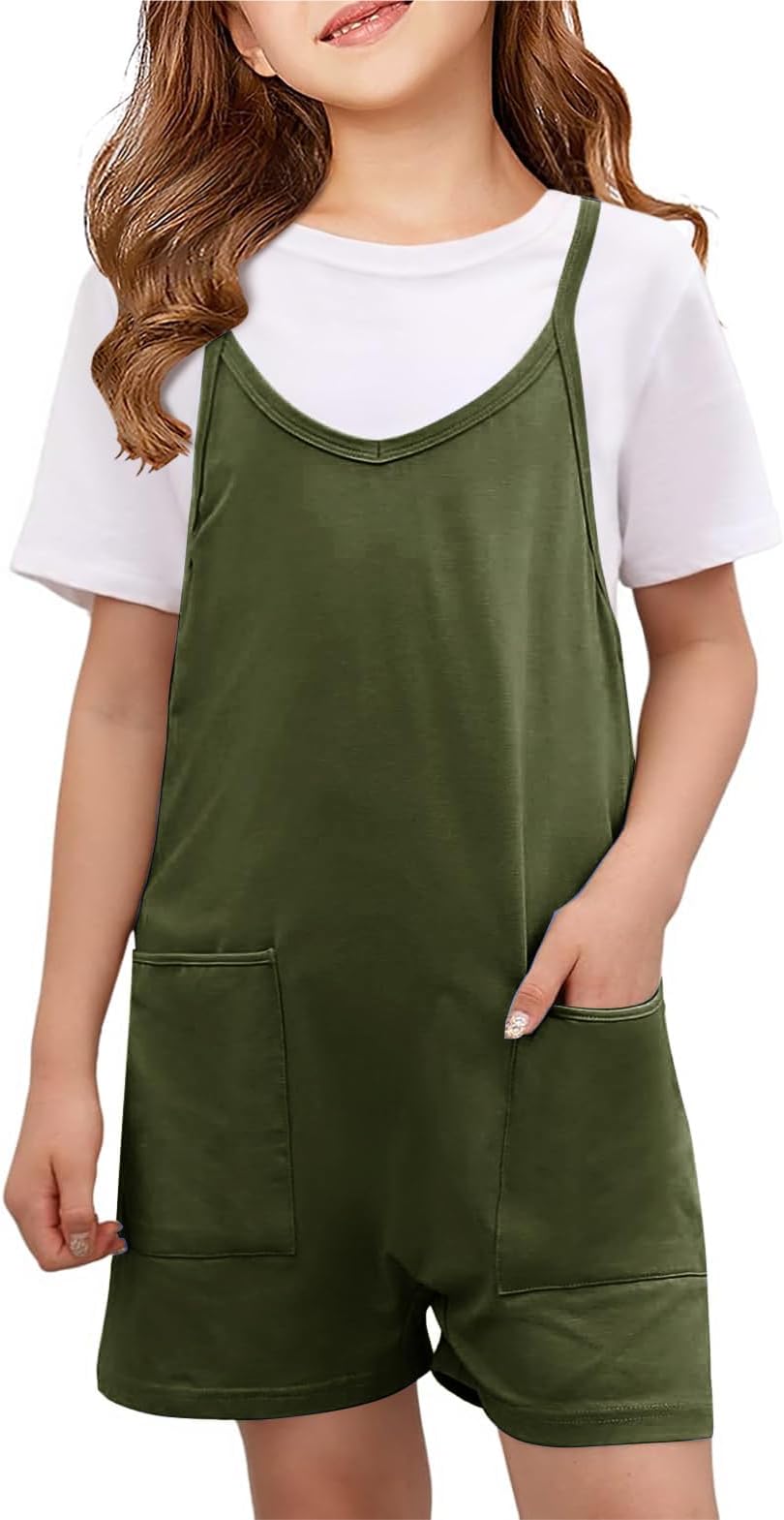 CharmWM Girls Summer Jumpsuits Spaghetti Strap Sleeveless Loose Romper Short Pants with Pockets 5-14 Years