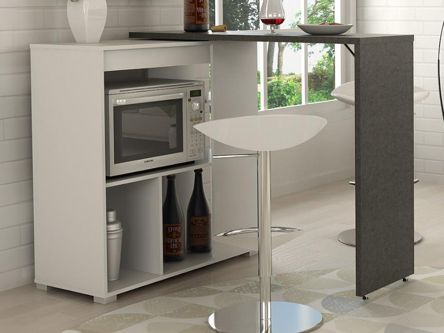 Vente-unique - Mobile Bar Girevole Bianco e Calcestruzzo - SATURNE