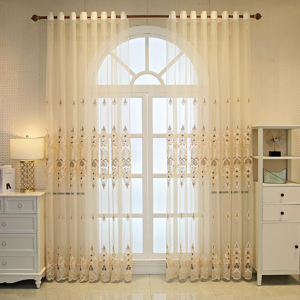 Beige Vorhang Wohnzimmer Schlafzimmer Transparent Ösen 3D Barock Vintage | Luxus Ösenvorhang Gardinen Halbtransparent Ösenschal Dekoschal Gardinenschal 2er-Pack 140x245